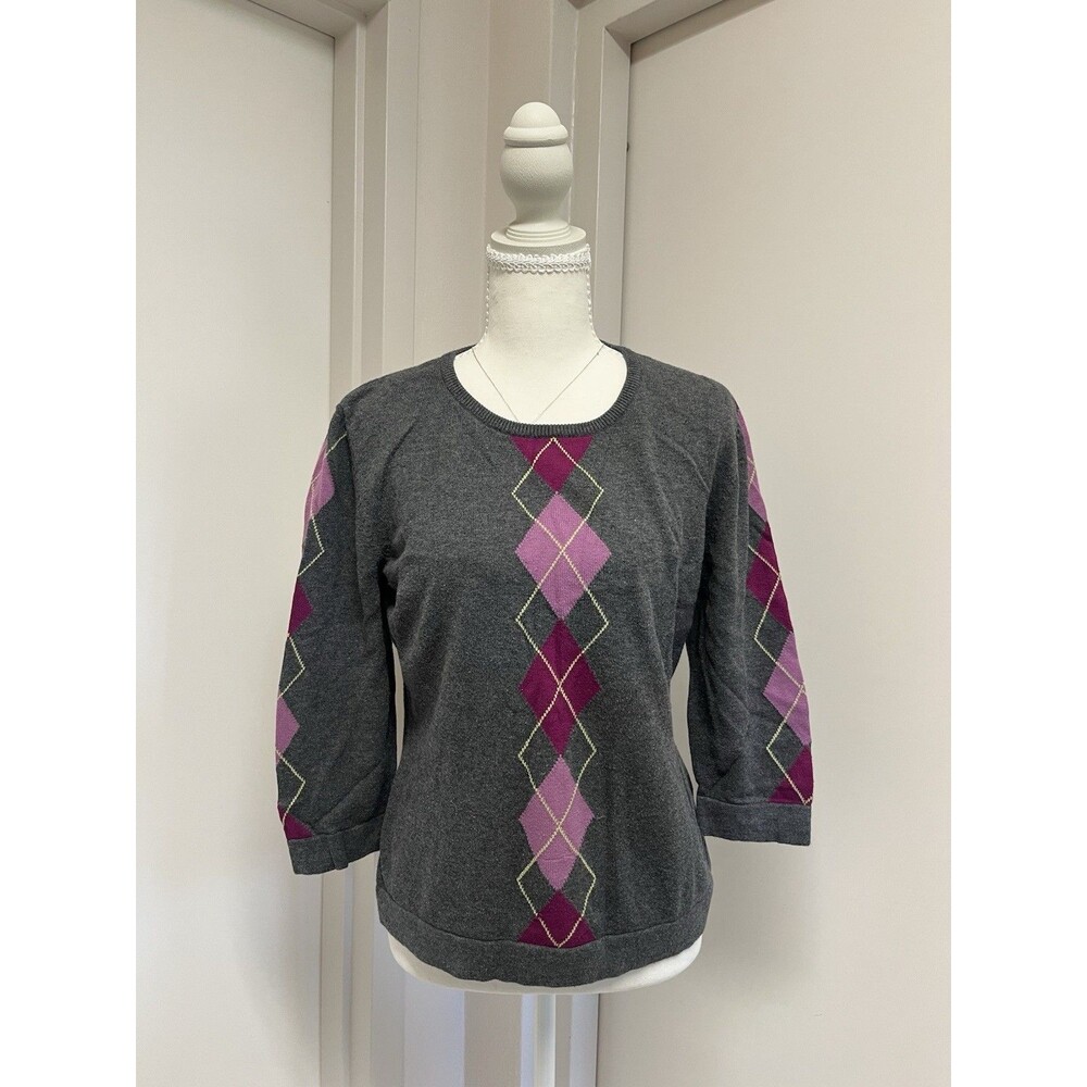 Y2K Preppy Core | Fieldgear Argyle Knit Sweater in Charcoal & Magenta Large Size